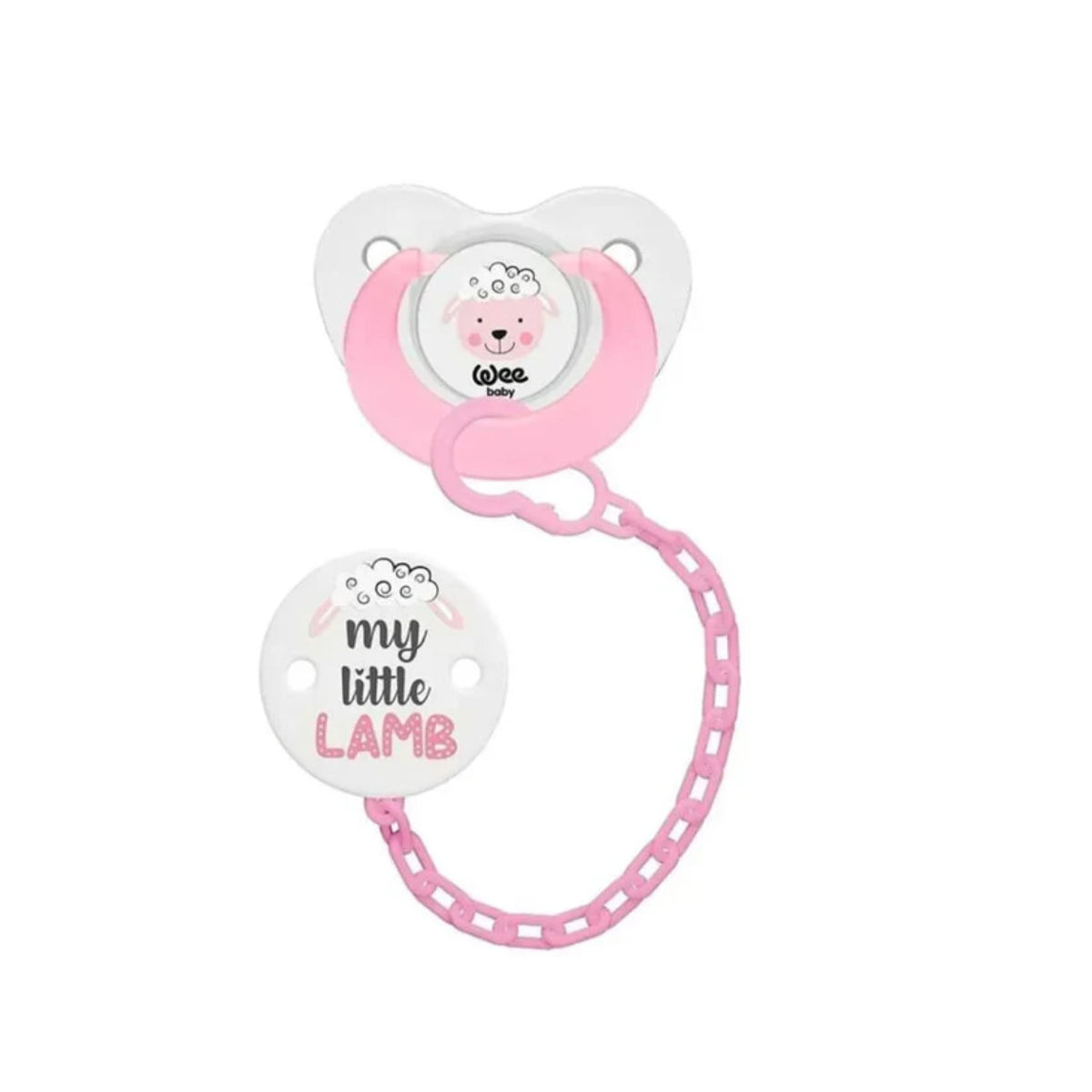 WEE BABY PACIFIER and HOLDER SET 0-6M PINK LAMB