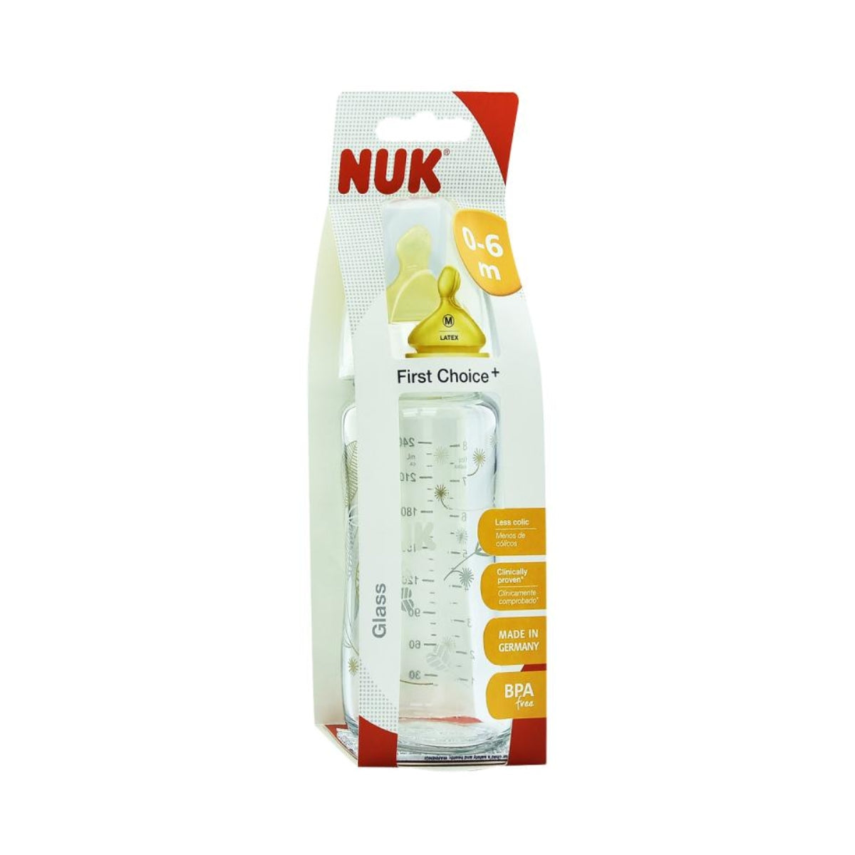 BIBERON QELQI NUK FIRST CHOICE NO COLIC TEMPERATURE CONTROL GLASS BOTTLE 0-6M 240ML