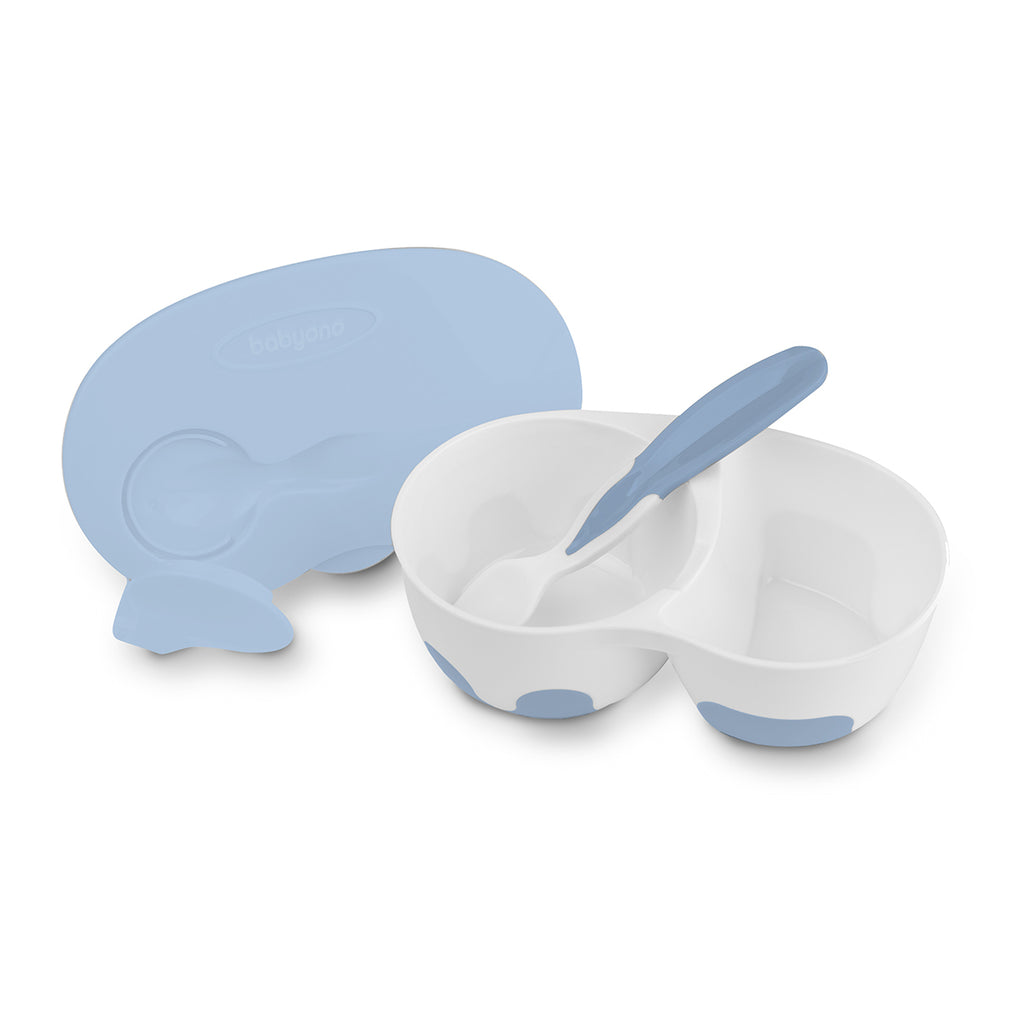 BABYONO TWO CHAMBER BABY BOWL WITH SPOON BLUE 6M+