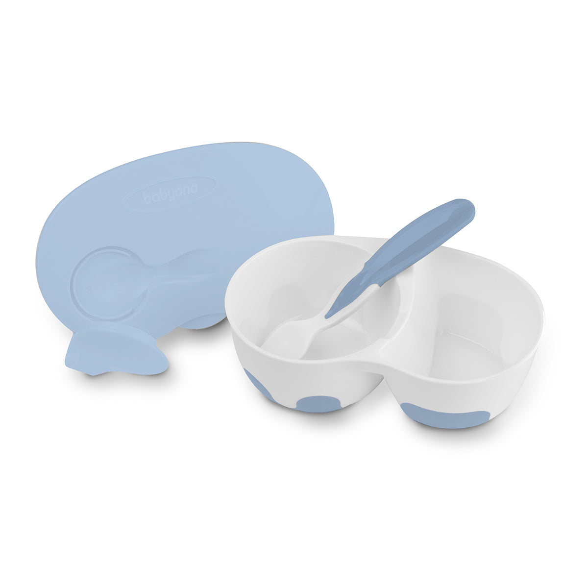 BABYONO TWO CHAMBER BABY BOWL WITH SPOON BLUE 6M+