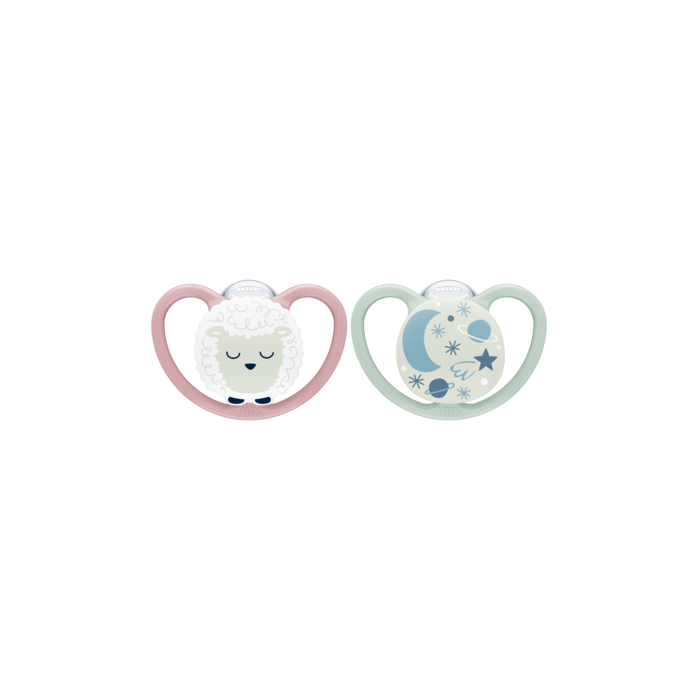 NUK SPACE NIGHT WITH GLOW IN THE DARK SOOTHER SILICONE 18-36M PINK/GREEN