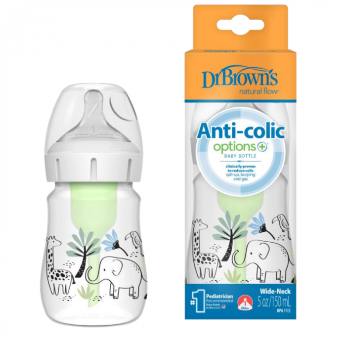 BIBERON PLASTIK  DR BROWNS ANTI COLIC BOTTLE OPTION+ WIDE NECK & SILICON TEAT 0M+ ELEPHANT 150ML